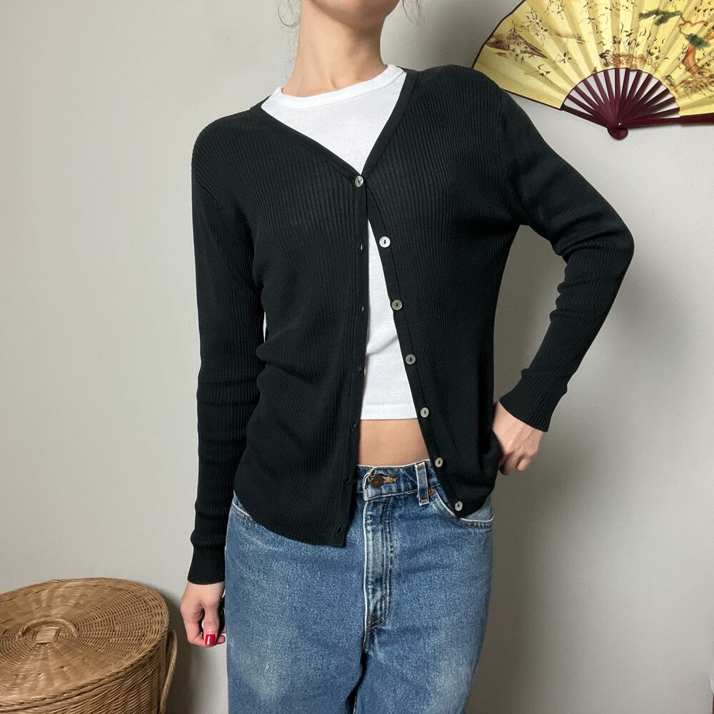 vintage black minimalist faded silk ribbed knit button cardigan top